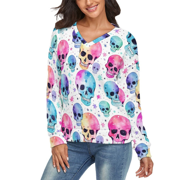 Women's Pink Blue Skulls V-Neck Long Sleeve Sweater