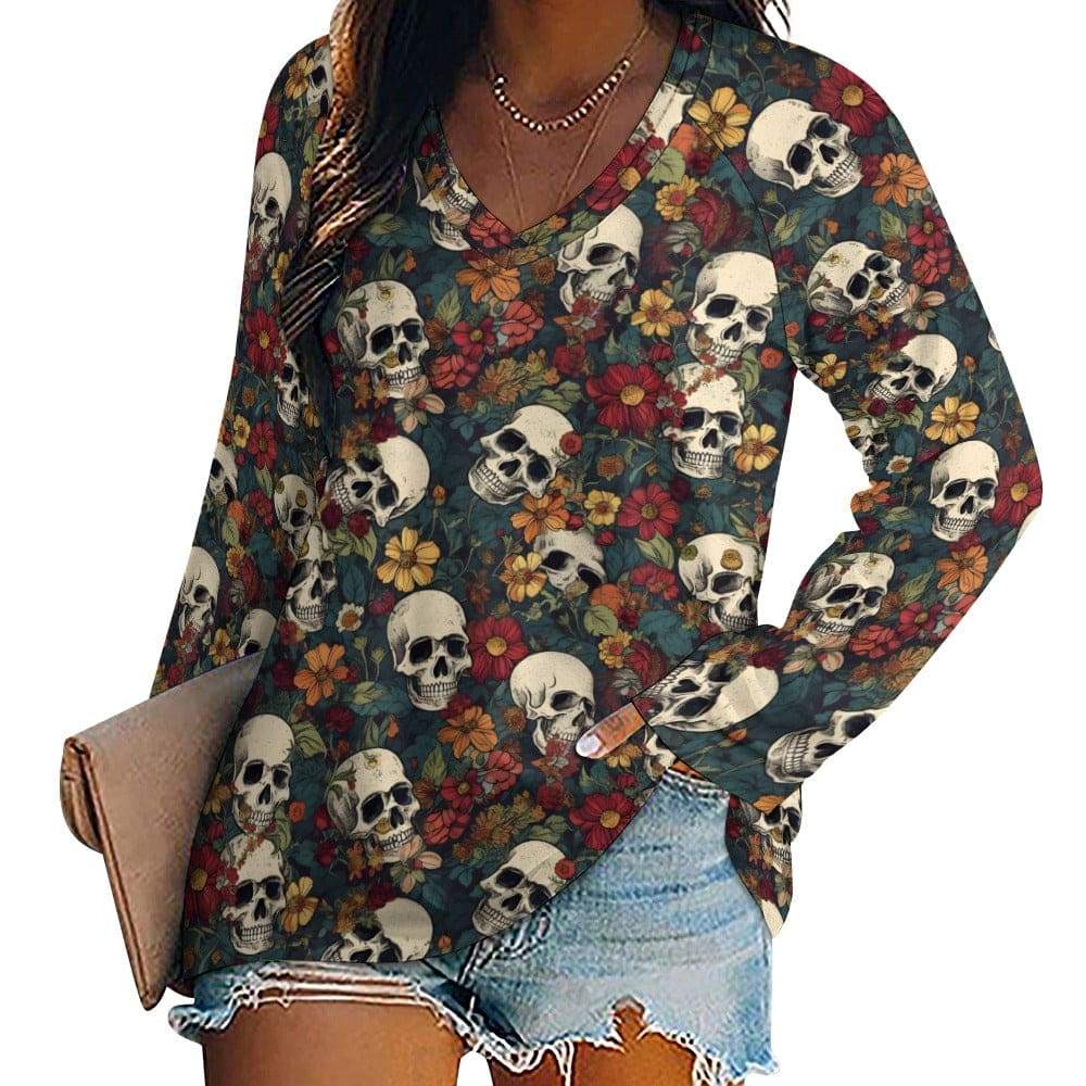 Elevate Your Wardrobe With This Floral Long Sleeve Top Adorned With Charming Skulls.