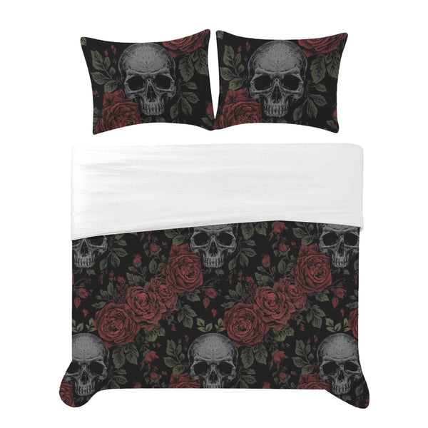 Floral Skull Pattern Dark Gothic Black Deep Red Roses 3 Piece Bedding
