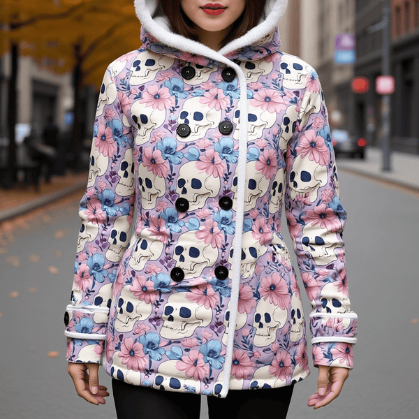 Women's Pastel Skulls Floral Hooded Double-Breasted Winter Coat With Fleece