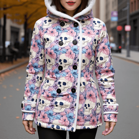 Women's Pastel Skulls Floral Hooded Double-Breasted Winter Coat With Fleece