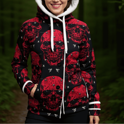 Women's Red Skulls Hooded Double-Breasted Winter Coat With Fleece