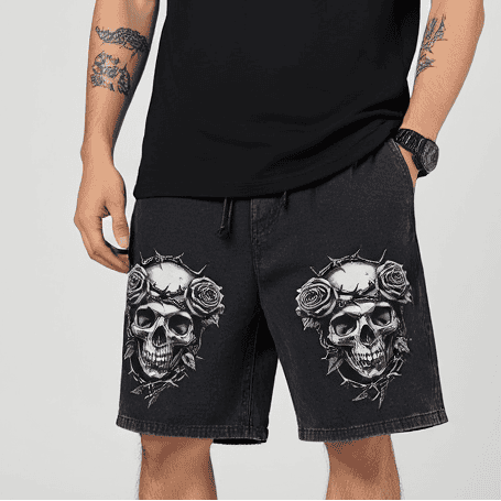 "Midnight Fade" Men’s Skull &amp; Black Rose Vintage Wash Shorts