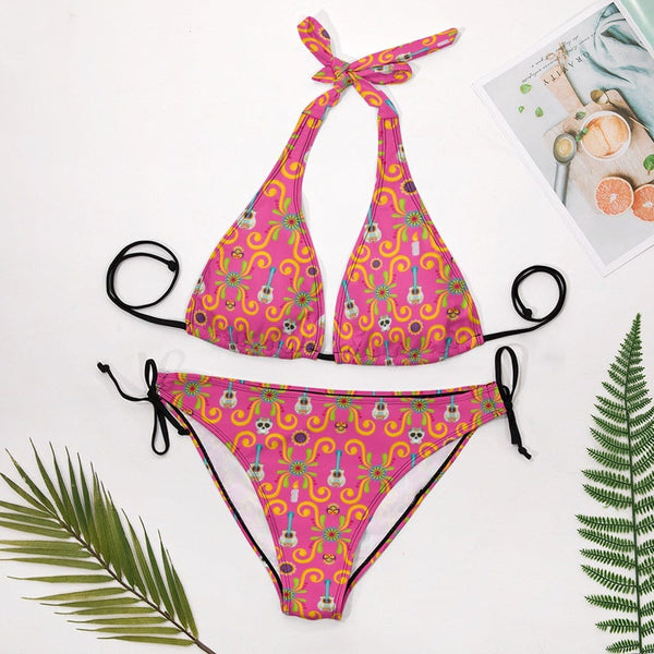 Ladies Pink Mexican Design V-Neck Two Piece Bikini