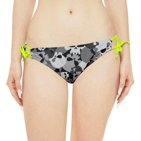 Women's Camo Gray Skulls Loop Tie Side Bikini Bottom
