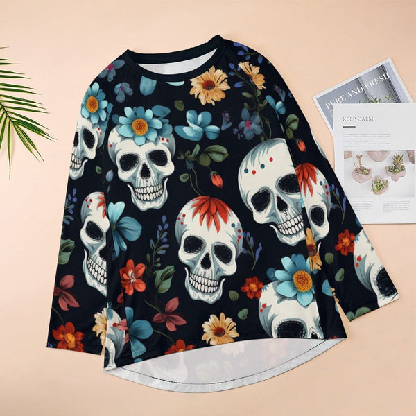 Women's Skulls With Blue Flowers Crew Neck Long Sleeve T-Shirt