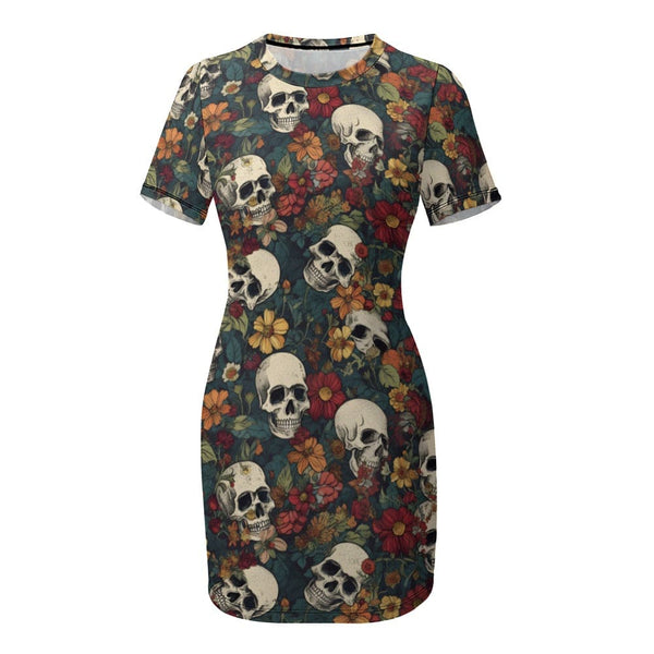 Skulls & Flowers Crew Neck Short Sleeve Dress