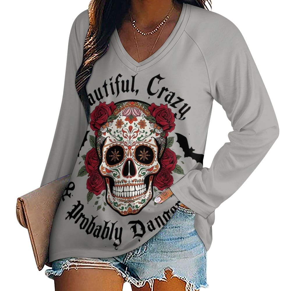 Women's Skull Red Flowers Beautiful Crazy... Long Sleeve Loose T-Shirt