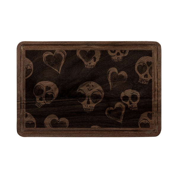 Engraved Skull & Hearts Wooden Cutting Board — Rustic Charcuterie Board