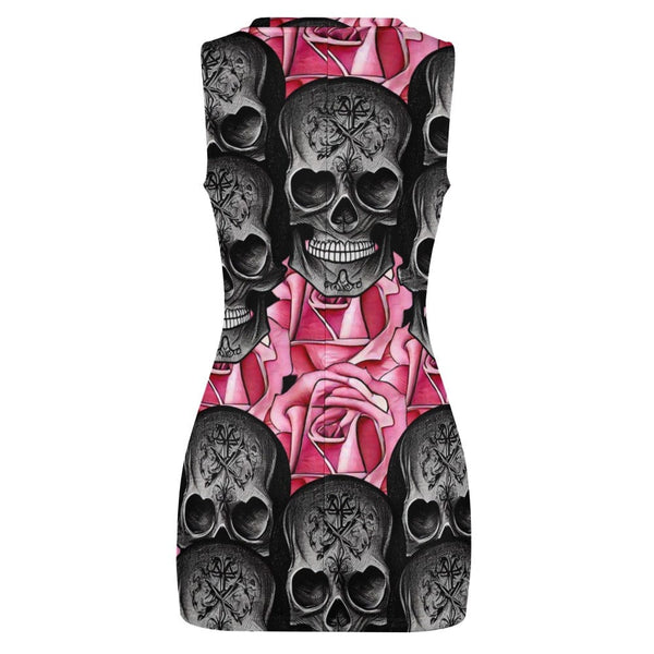 Show off Your Bad-Girl Confidence With This Stylish Women's Black Skull Pink Roses Navel-Baring Dress