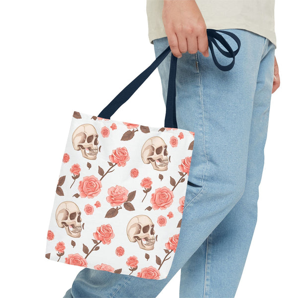 Experience The Power of Our Skull and Pink Roses Tote Bag! Available In 3 Sizes And 5 Stunning Colors