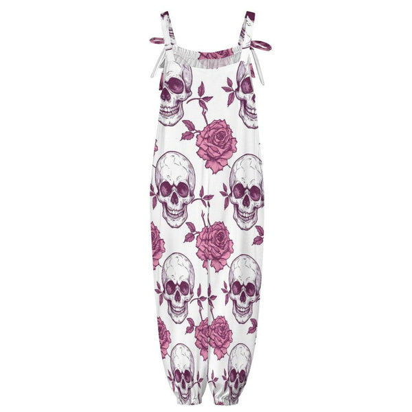 Pink Roses & Skulls Baggy Suspender Jumpsuit With Bow Knot Shoulder Strap