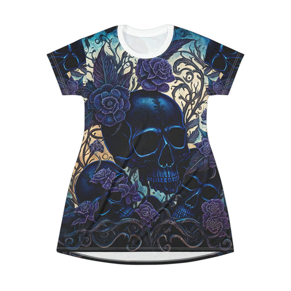 Blue Skull & Flowers Short Sleeve T-Shirt Dress