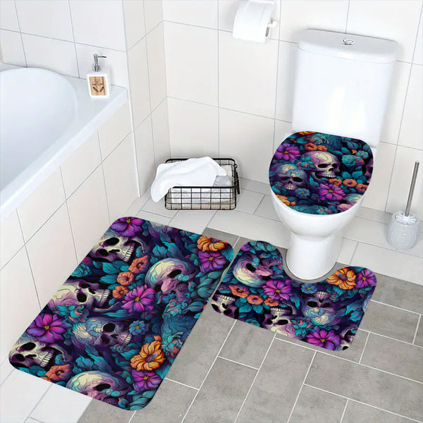 Skull Bright Colored Flowers 4 Piece Bathroom Set