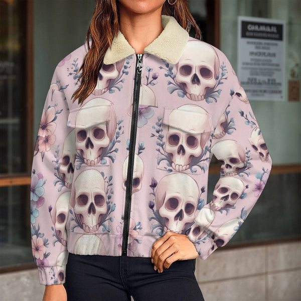 Women's Soft Pastel Floral Skull Patch Pocket Fleece Jacket