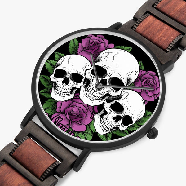 Three Skulls Purple Flowers Wooden Strap Quartz Watch