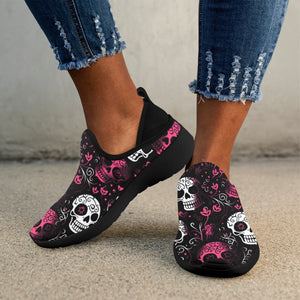 Pink White Skulls Pink Flowers Drop-in Heel Sneakers