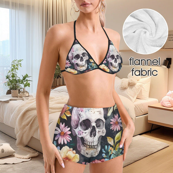 Skull Floral Women's Flannel Bikini Top & Shorts Pajamas