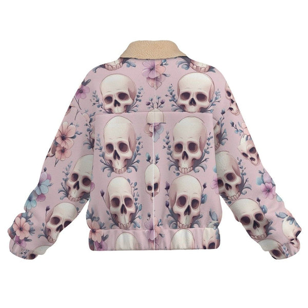 Women's Soft Pastel Floral Skull Patch Pocket Fleece Jacket
