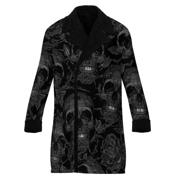 Men's Dark Skulls With Black Roses Double Breasted Coat