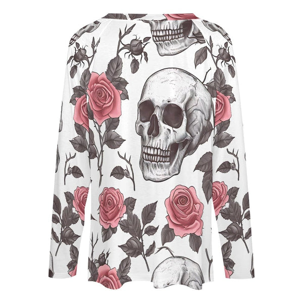 Women's Skull Pink Roses Long Sleeve Loose Tee