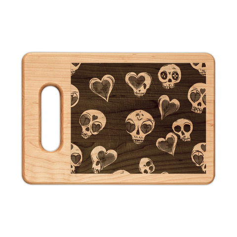 Engraved Skull & Hearts Wooden Cutting Board — Rustic Charcuterie Board