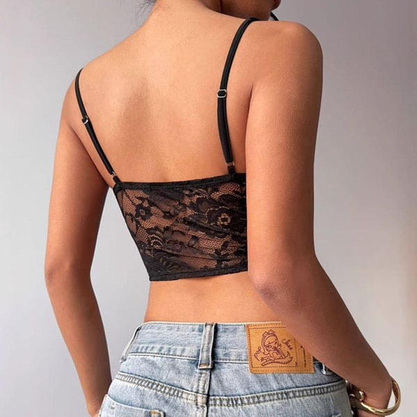 Women's Black Lace Patchwork Strappy Black Top