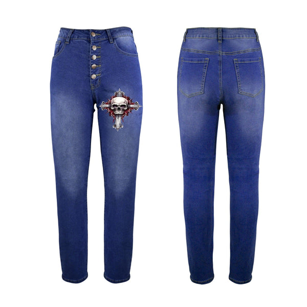 Women's Skull Cross Button Fly Jeans