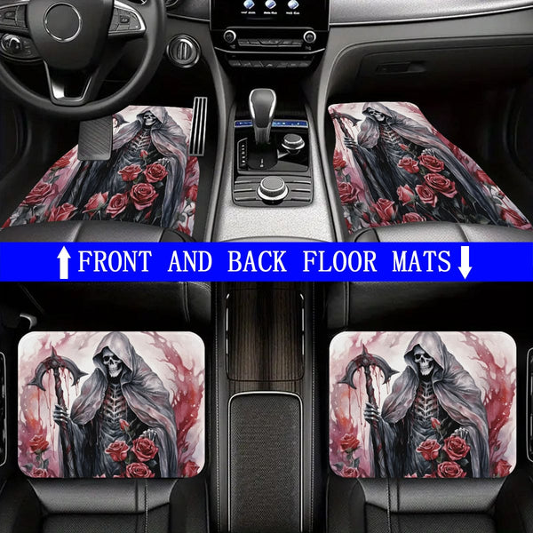 Grimreaper Skull Gothic Front And Rear Floor Mats For Autos