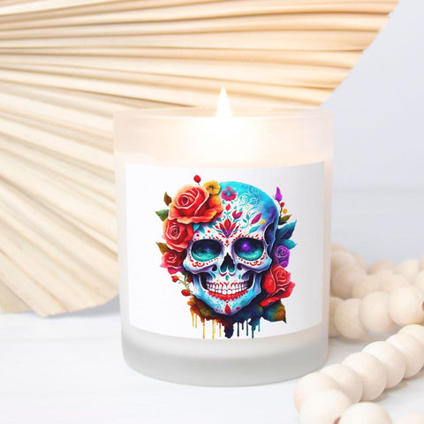 Skull Floral Candle Frosted Glass Hand Poured 11 oz