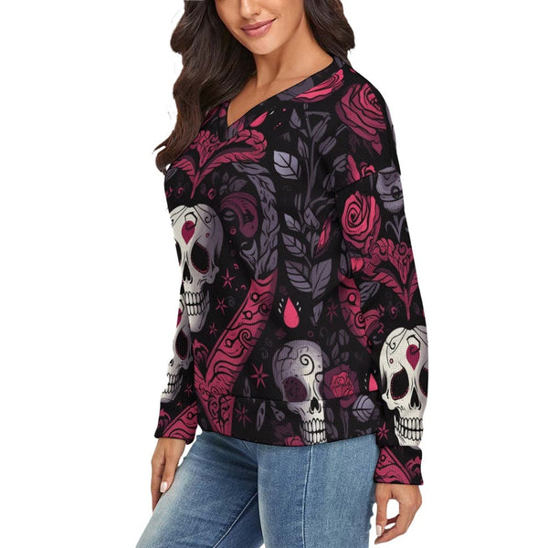 Women's Skulls In Heart V-Neck Long Sleeve Sweater