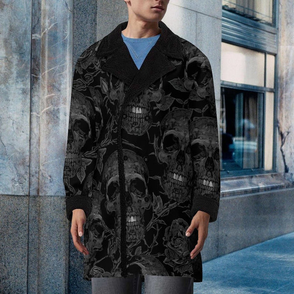 Men's Dark Skulls With Black Roses Double Breasted Coat