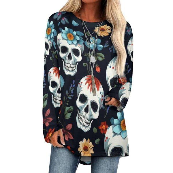 Women's Skulls With Blue Flowers Crew Neck Long Sleeve T-Shirt