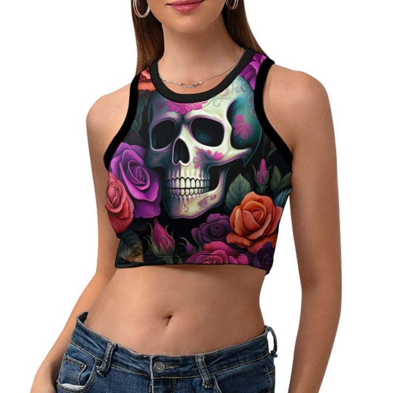 Women's Floral Skull Cropped Slim Racer Back Tank Top – Everything