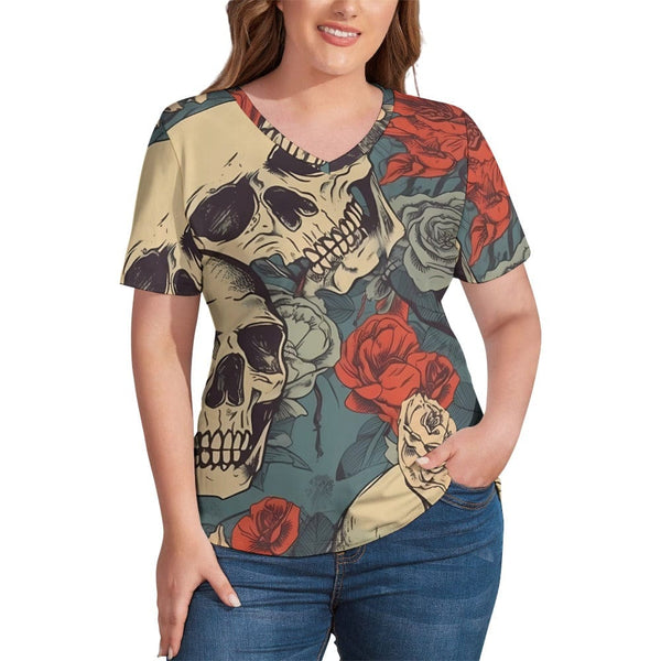 Ladies Beigh Skulls Floral V-Neck Loose Short Sleeve T-Shirt