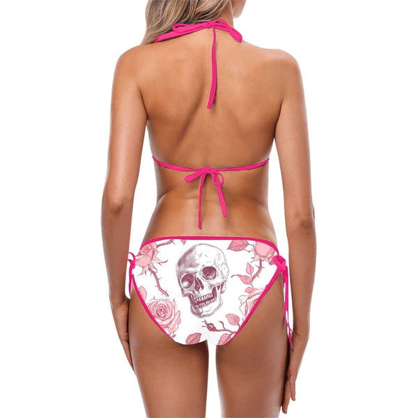 Pink Floral Skull Two Piece Tie Bikini Swimsuit 10 Colors