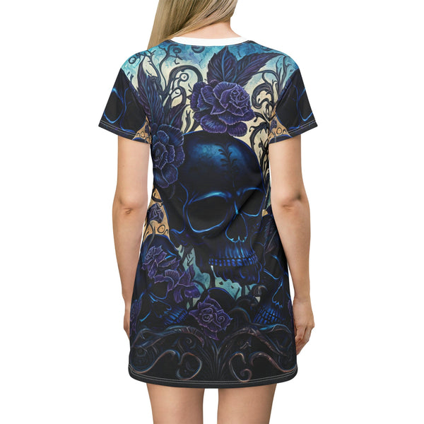Blue Skull & Flowers Short Sleeve T-Shirt Dress