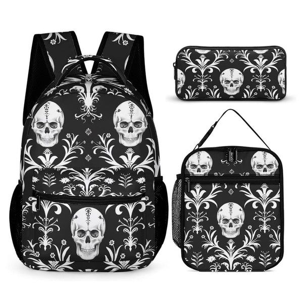 Experience the power of the Skull On Black Background Three Piece Backpack, Lunch Bag &amp; Pencil Case - the ultimate combination of style and functionality! Don't settle for ordinary, make a statement with this bold and edgy set that will elevate your school or work essentials to a whole new level. Unleash your inner rebel and stand out from the crowd with our unique and high-quality set.