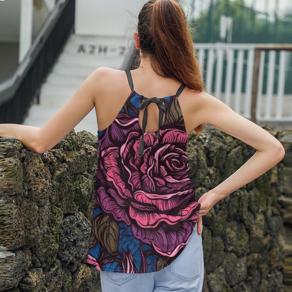 Women's Gothic Pink Rose Loose Halter Neck Tank Top – Everything