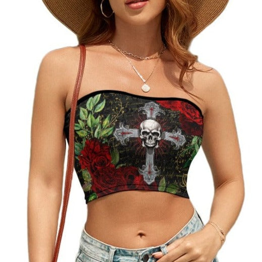 Ladies Red Roses Skull Cross Casual Style Tube Top