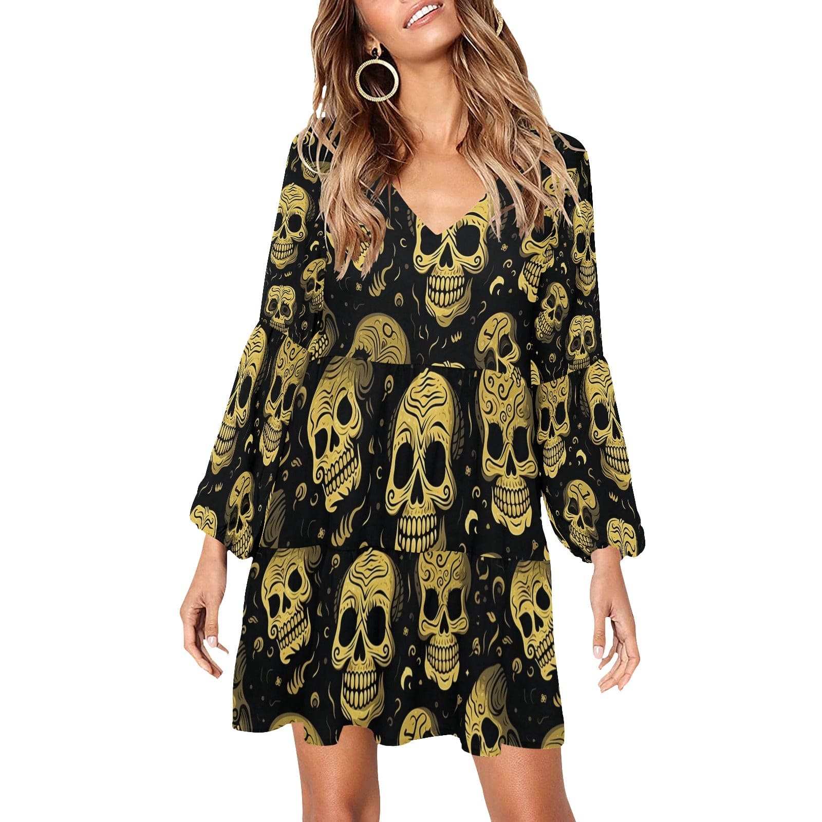 Gold Skulls V-Neck Dress - Loose Fit, Long Sleeves