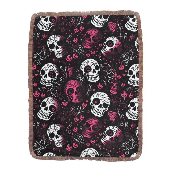 Pink & White Skulls Floral Blanket With Fringe 60" x 80"