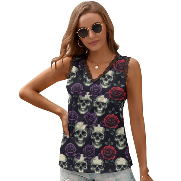 Skulls Red & Purple Floral Women's V-Neck Sleeveless Top