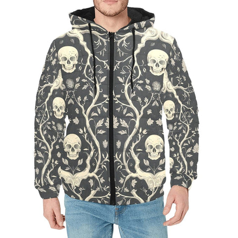 Skull With Leaves And Branches Men's Padded Hooded Jacket