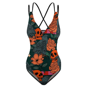 Step Out On the Beach In This Orange Skull Floral One-piece Swimsuit