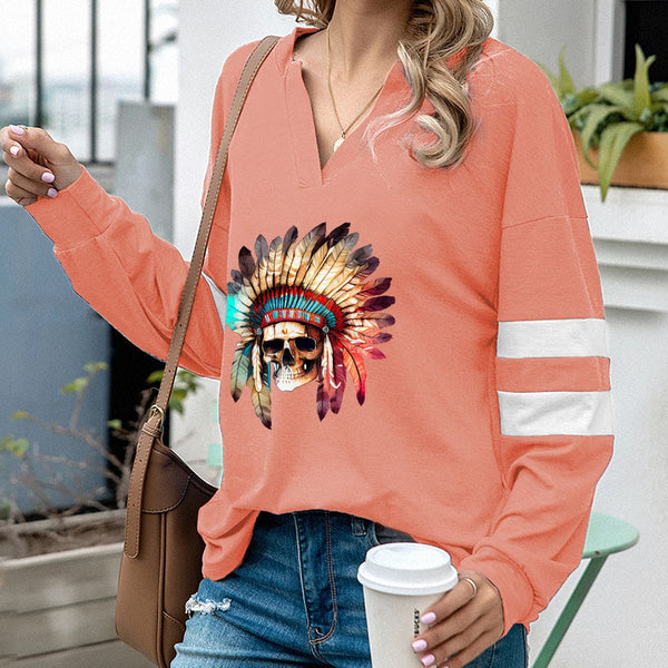 Womens Skull Feather Headband Long Sleeve Top