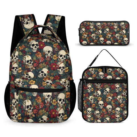 Fall Flowers Skull Backpack, Lunch Bag And Pencil Case Set