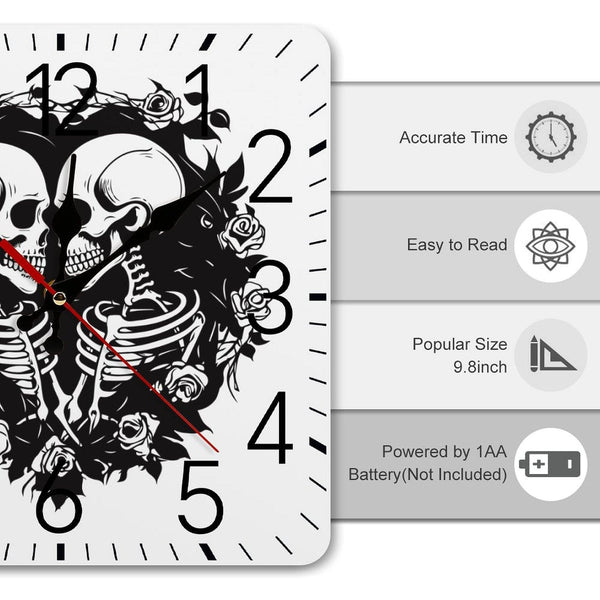 Two Skulls Square Wall Clock With Numbers