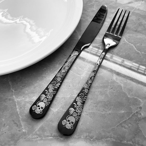 8/12pcs, Gothic Black Skull & Rose Stainless Steel Cutlery Set