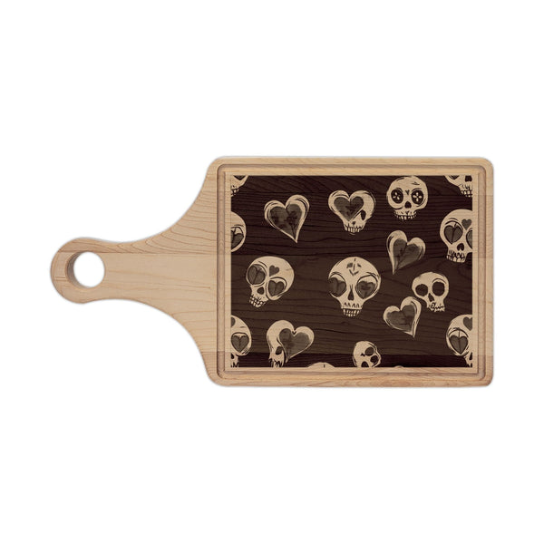 Engraved Skull & Hearts Wooden Cutting Board — Rustic Charcuterie Board